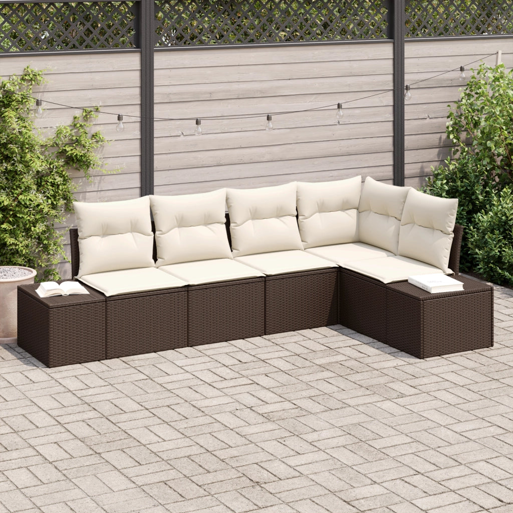 Set Divano da Giardino 5 Pezzi con Cuscini Marrone Polyrattan