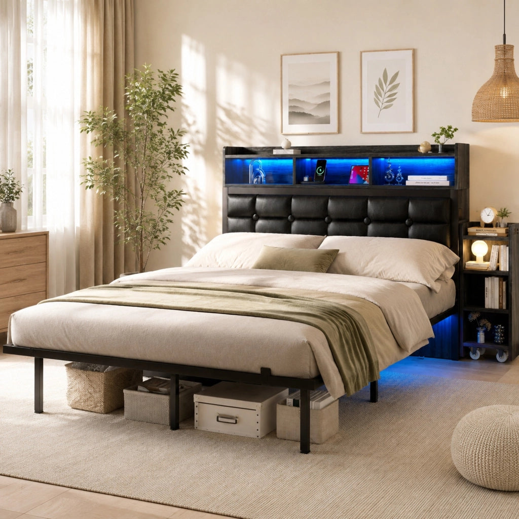 DESMIU Letto matrimoniale 140 × 190 cm 2 posti con LED, USB, Type-C, 2 comodini, senza materasso, grigio
