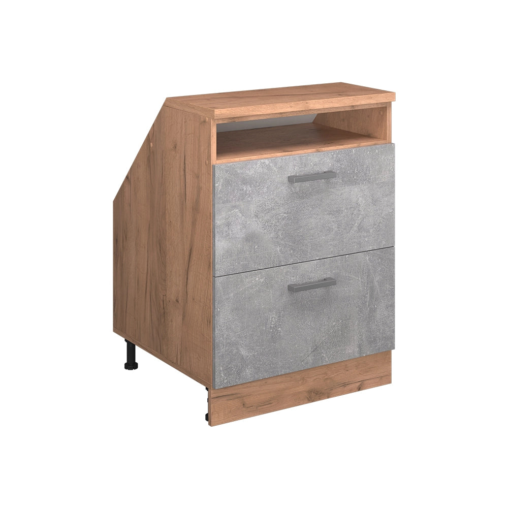 Mobile cucina sottotetto R-Line Calcestruzzo/Rovere dorato 60 cm con 2 cassetti, carcassa 60 cm profondità Vicco