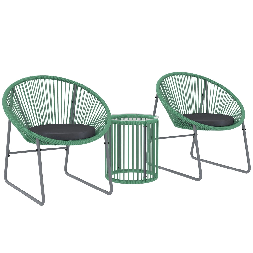 Set da giardino 3 pezzi ¨C zephmum ¨C tavolo con vetro, 2 sedie con cuscini, polirattan verde