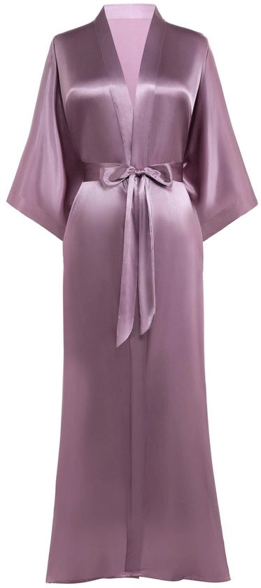 Kamizza da notte per donne con kimono a fiori, lunga con cintura e coda, notturno leggero, tessuto satinato, colore luce azzurro chiaro.