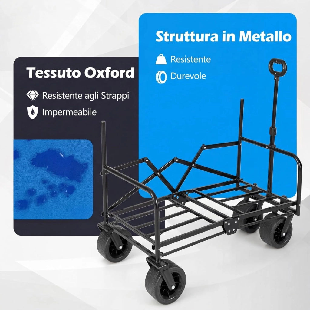 2 in 1 Carrello Pieghevole con Panca, Carrello Trasportabile con Maniglia Regolabile, Cuscini Morbidi e Ruote, Carrello da Giardino in 600D Oxford, 80 kg, 85 L, per Campeggio e Spiaggia (Blu)