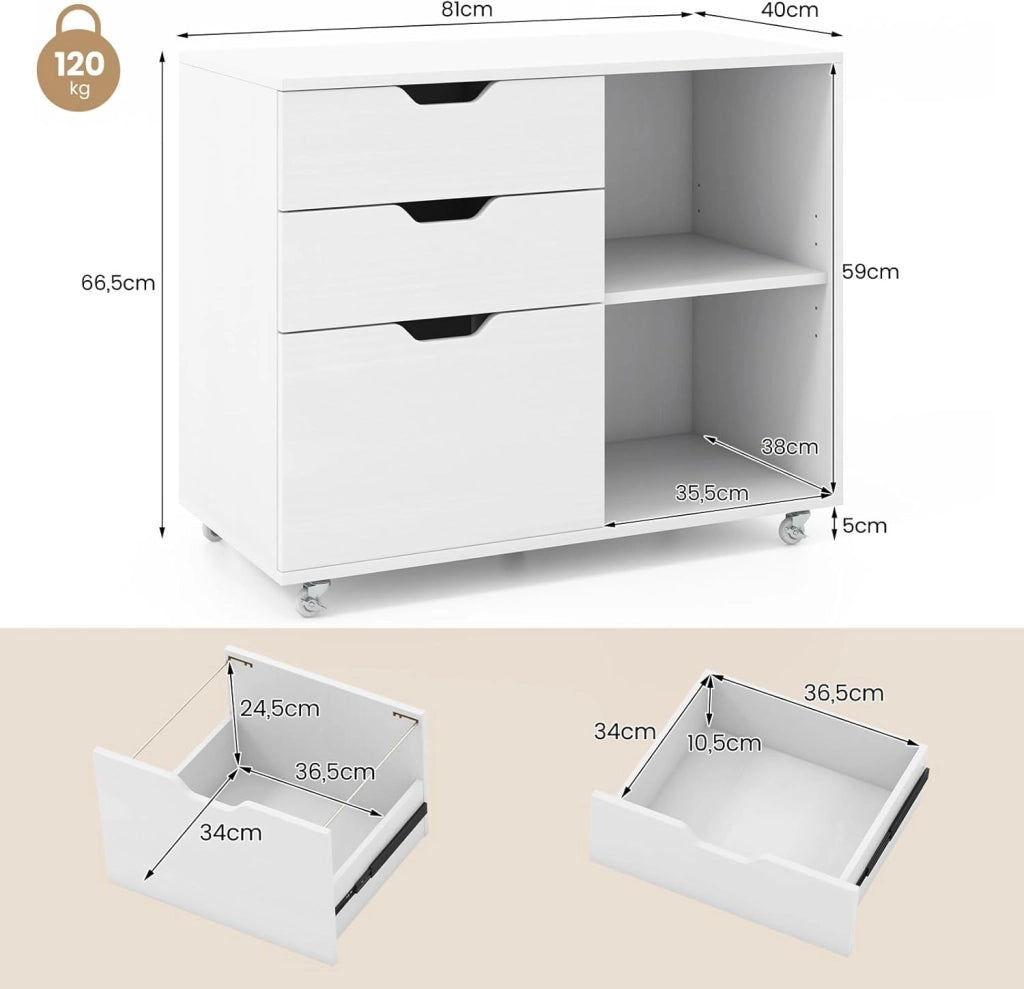 Cassettiera per ufficio con ruote, mobile portaoggetti da scrivania con 5 ruote, 3 cassetti, 2 scomparti, mobile per stampante rotelle, armadio di documenti per formato lettera, A4, legale