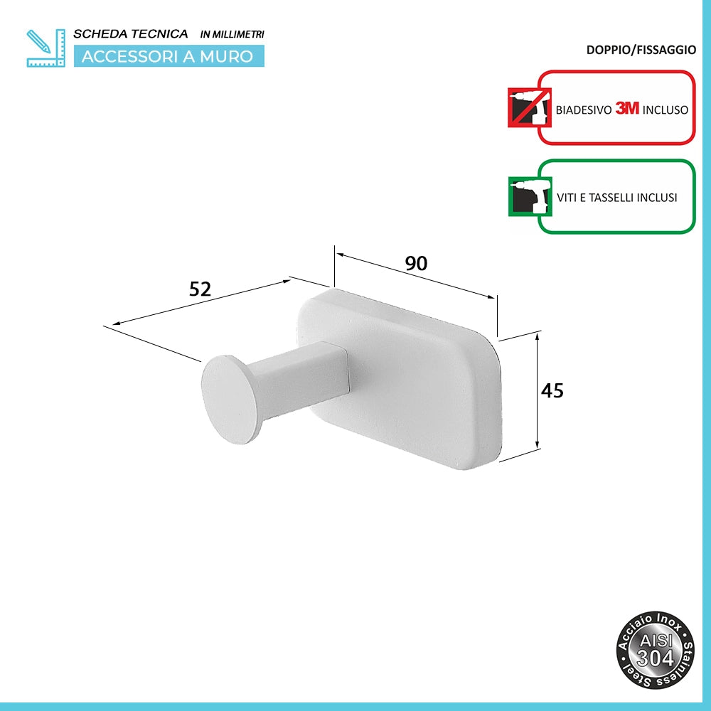 Set 2 appendini portasciugamani in acciaio inox bianco con doppio fissaggio Cubik