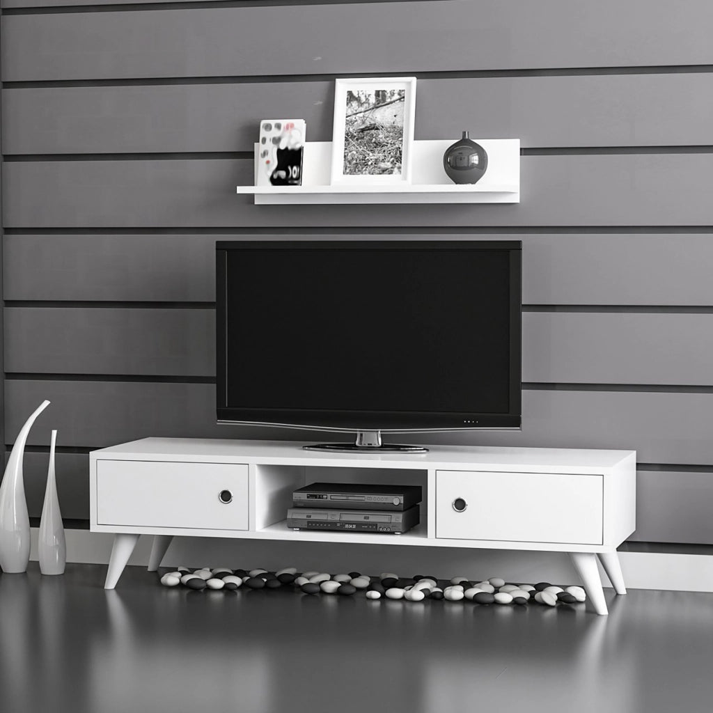 Set di Mobili da Soggiorno 'Egebjerg' Mensola da Muro e Mobile Porta TV con 2 Ante Battenti e Scomparto Aperto - Bianco [en.casa]