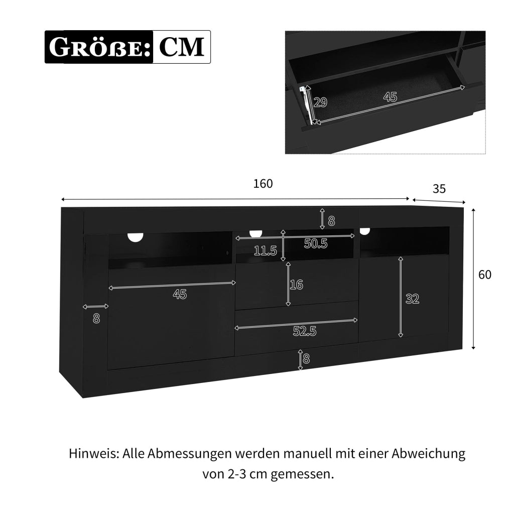 Mobile TV nero lucido 160x35x60 cm con LED Bluetooth, 2 ante e 2 cassetti