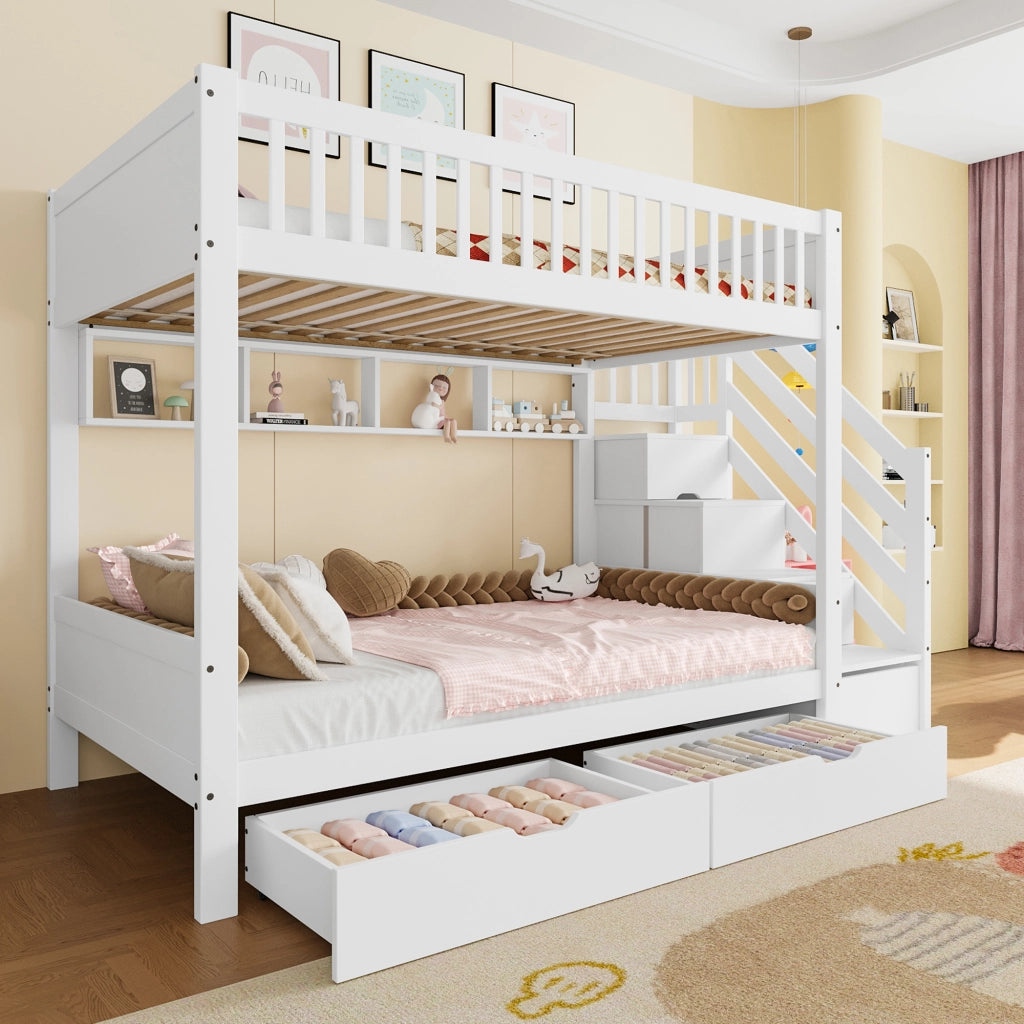 Letto a castello con scalinata contenitiva in pino bianco 90x200 cm