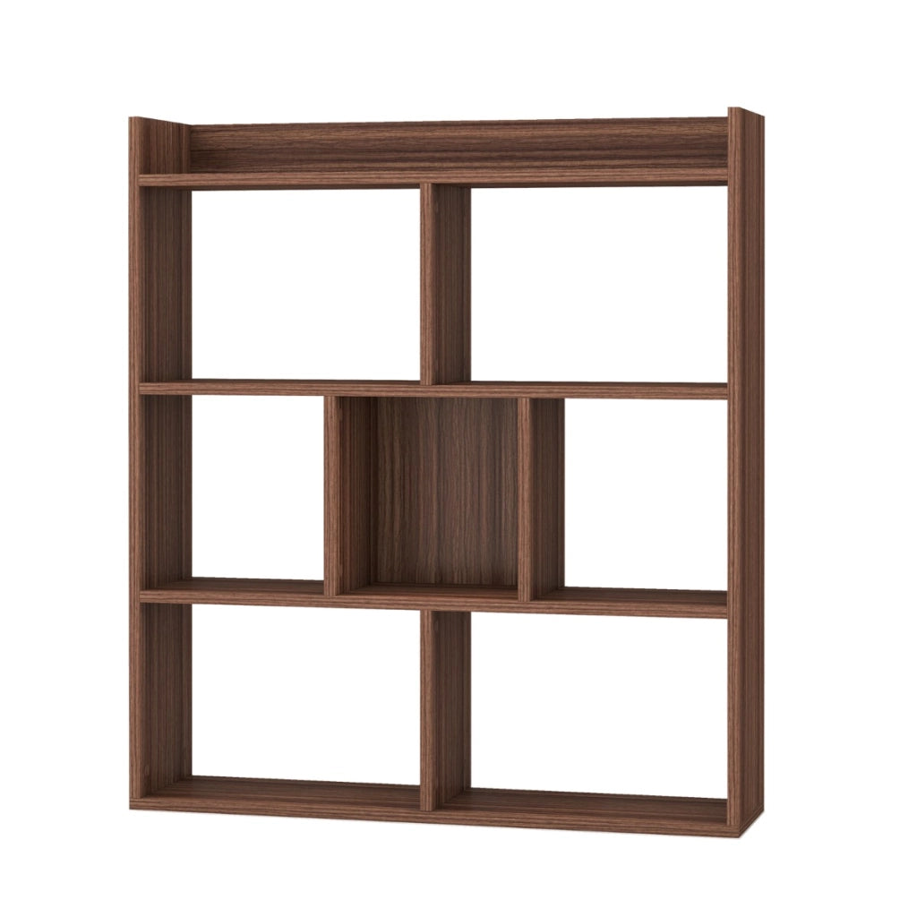 Libreria a cubi aperti con 7 scomparti, Mensola espositiva per l'archiviazione in legno per studio soggiorno Noce-Librerie
