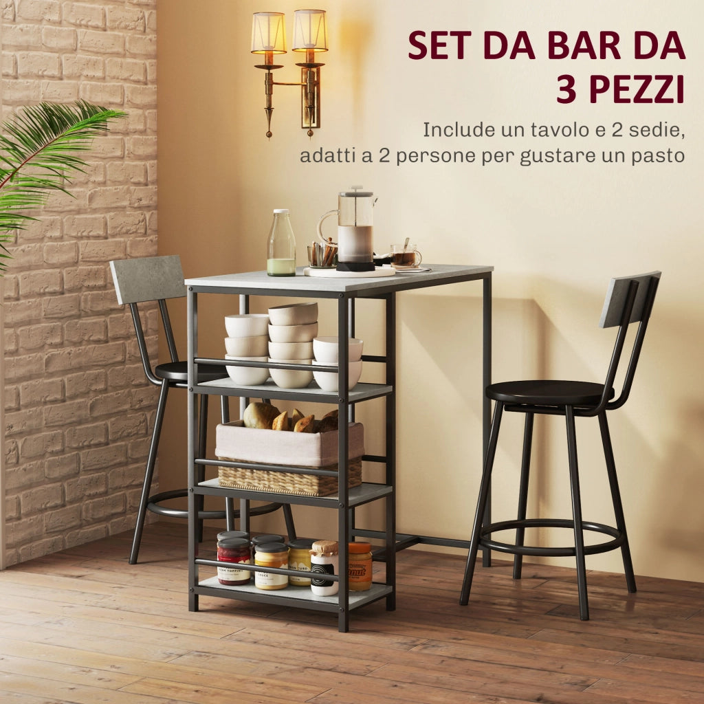 Set da Pranzo 3 Pezzi con Bancone Bar con Ripiani e 2 Sedie Alte con Schienale, Grigio Chiaro