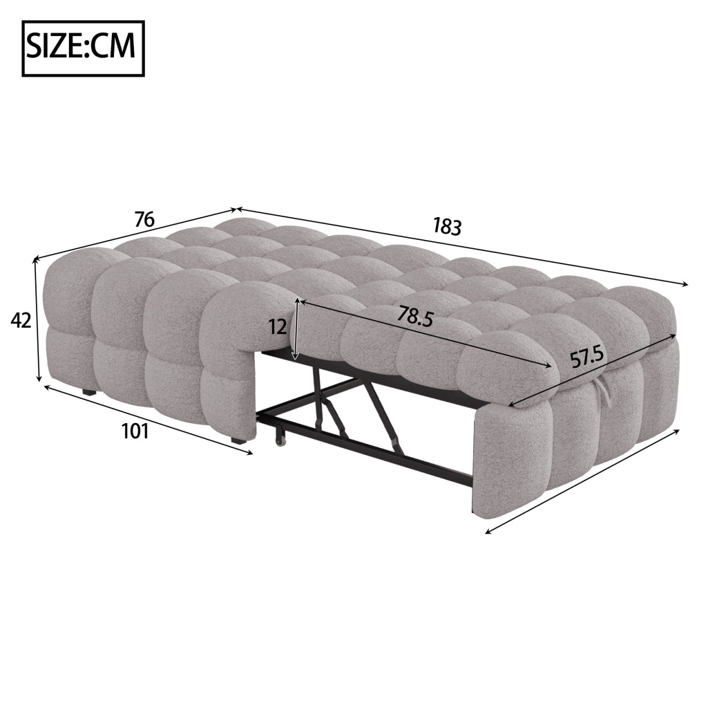 Divano Letto Singolo 2-in-1 con Pouf Estraibile in Bouclé Grigio