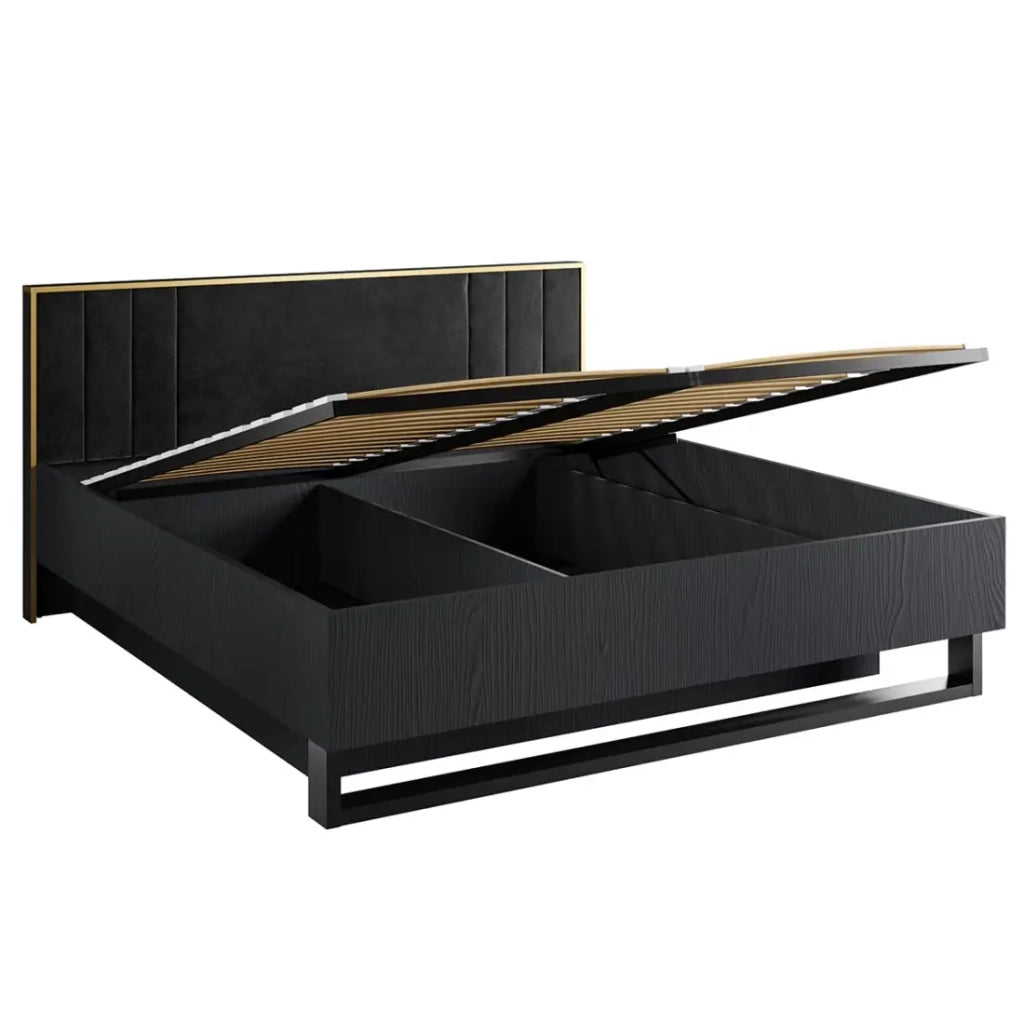 Camera completa MONDO – Nero strutturato e dorato – Letto contenitore 160x200 con doghe + Armadio + Cassettiera + 2 comodini