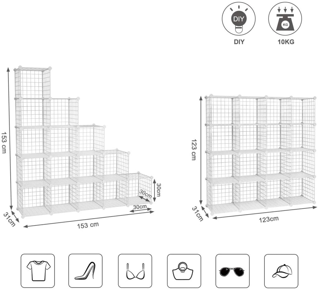 Mobiletto portaoggetti con 4 ripiani e 4 file di ripiani in rete grande capacità martello di gomma gratuito dimensioni 123 x 31 x 123 cm (L x P x A) bianco 12_0000703