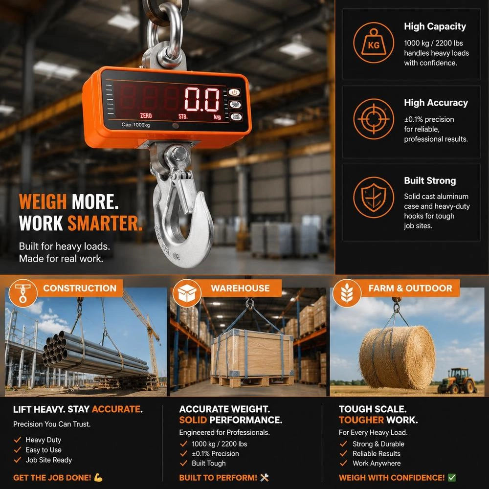 Digital Dynamometer 1000 Kg For Warehouse Workshop Construction Site, Remote Control LED Display Die-Cast Aluminum High Precision Heavy Loads