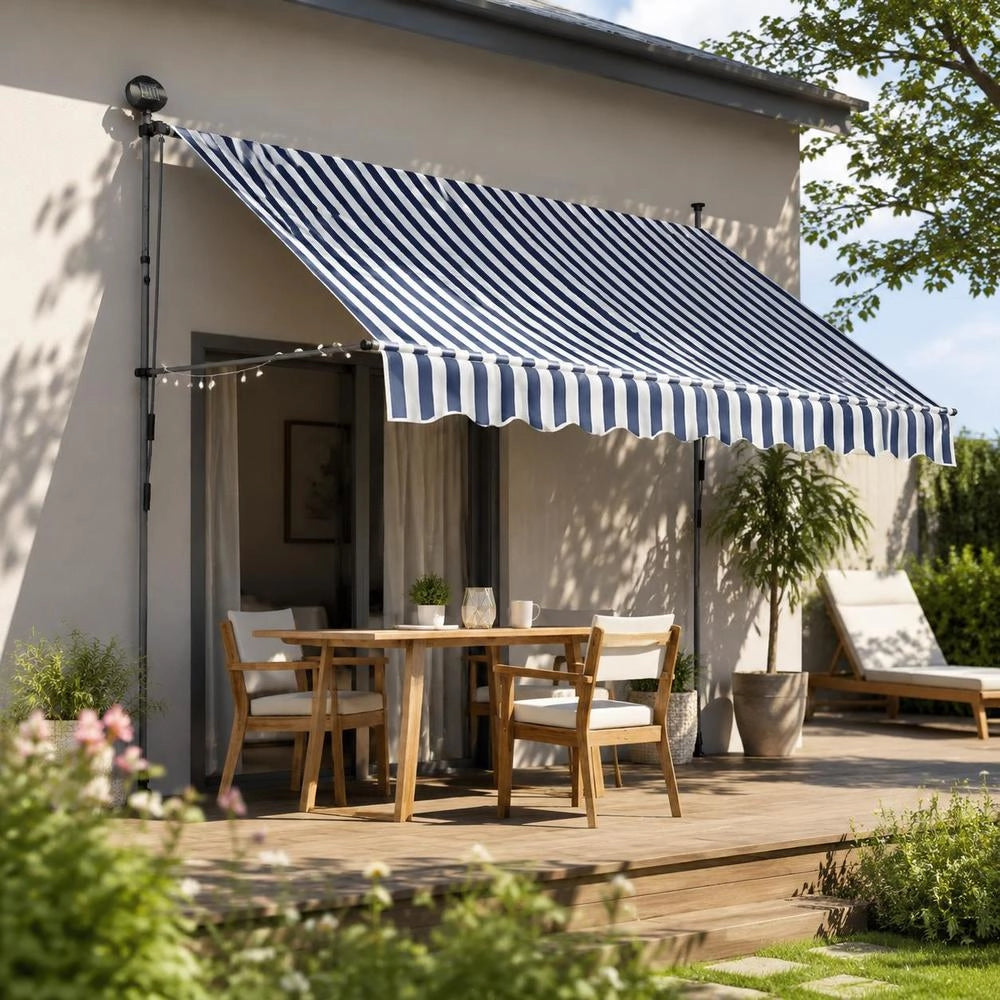 Retractable Awning, Manually Operated, With LED, 250 Cm, Blue And White
