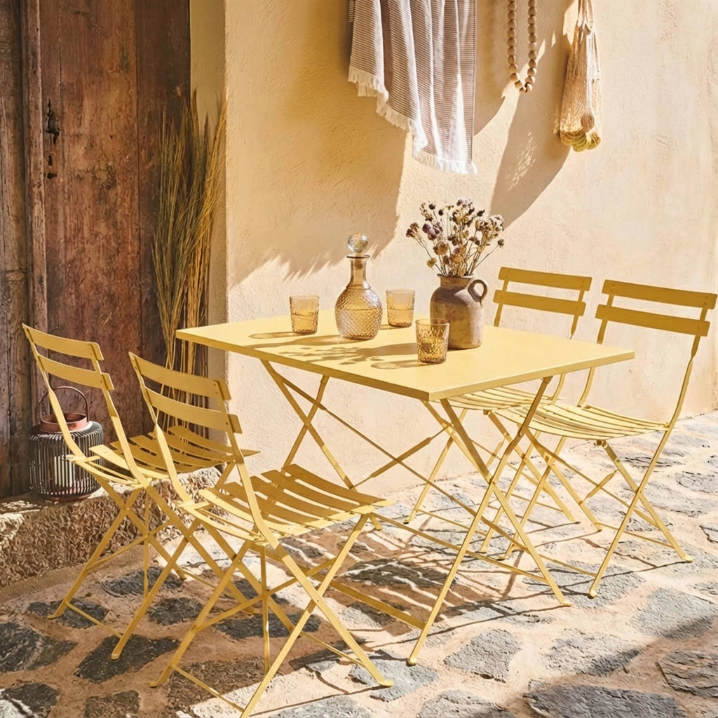 Set tavolo da giardino pieghevole in acciaio con 4 sedie, 110cm, ocra