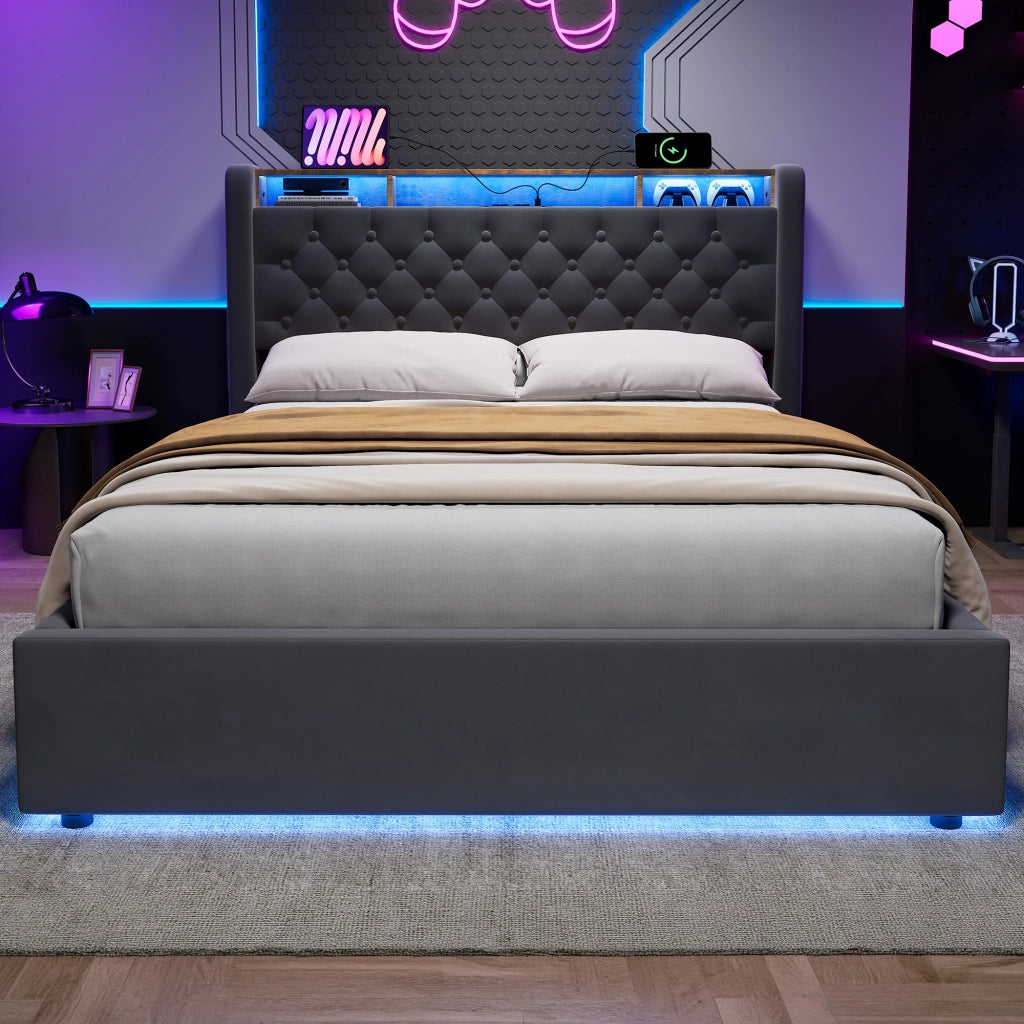 LETTO Imbottito 140 x 190 cm in Velluto Grigio con LED, USB e Contenitore