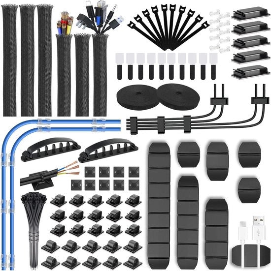 Kit di gestione dei cavi e organizzatore di cavi - 188 reti di cavi - 6 contenitori di cavi - 50 clip per cavi - 2 rotoli - 20 nastri di adesivo - 10 fermagli a zip - 100 avvolgibili per cavi