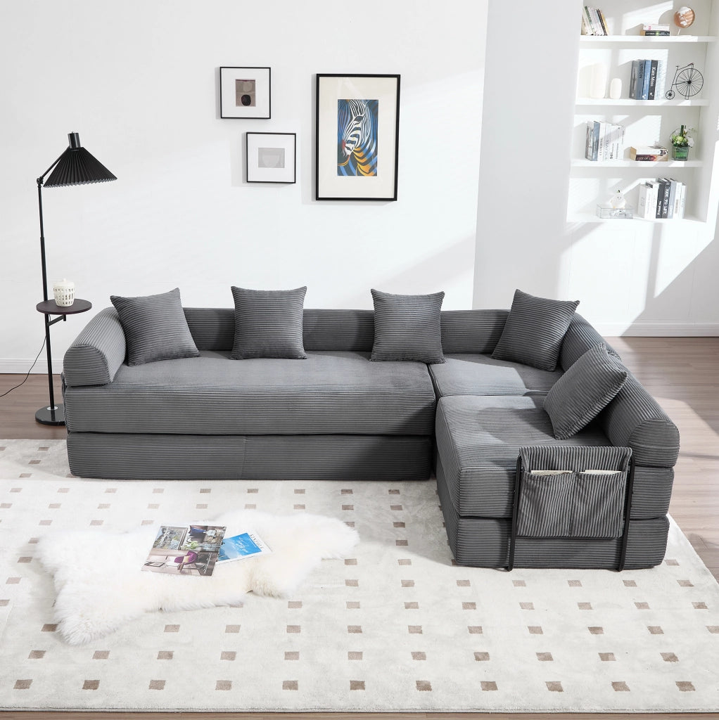 Divano modulare con tasca laterale e funzione letto 270x180x64 cm; in velluto corduroy grigio scuro