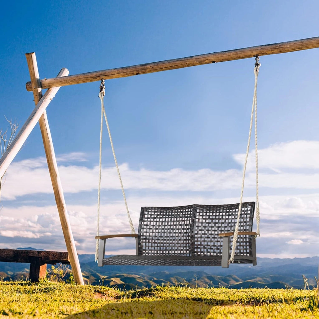 Altalena in vimini per 2 persone in rattan PE con schienale curvo per esterni, corde resistenti, capacità di carico di 360 kg, per terrazza, patio, giardino, balcone