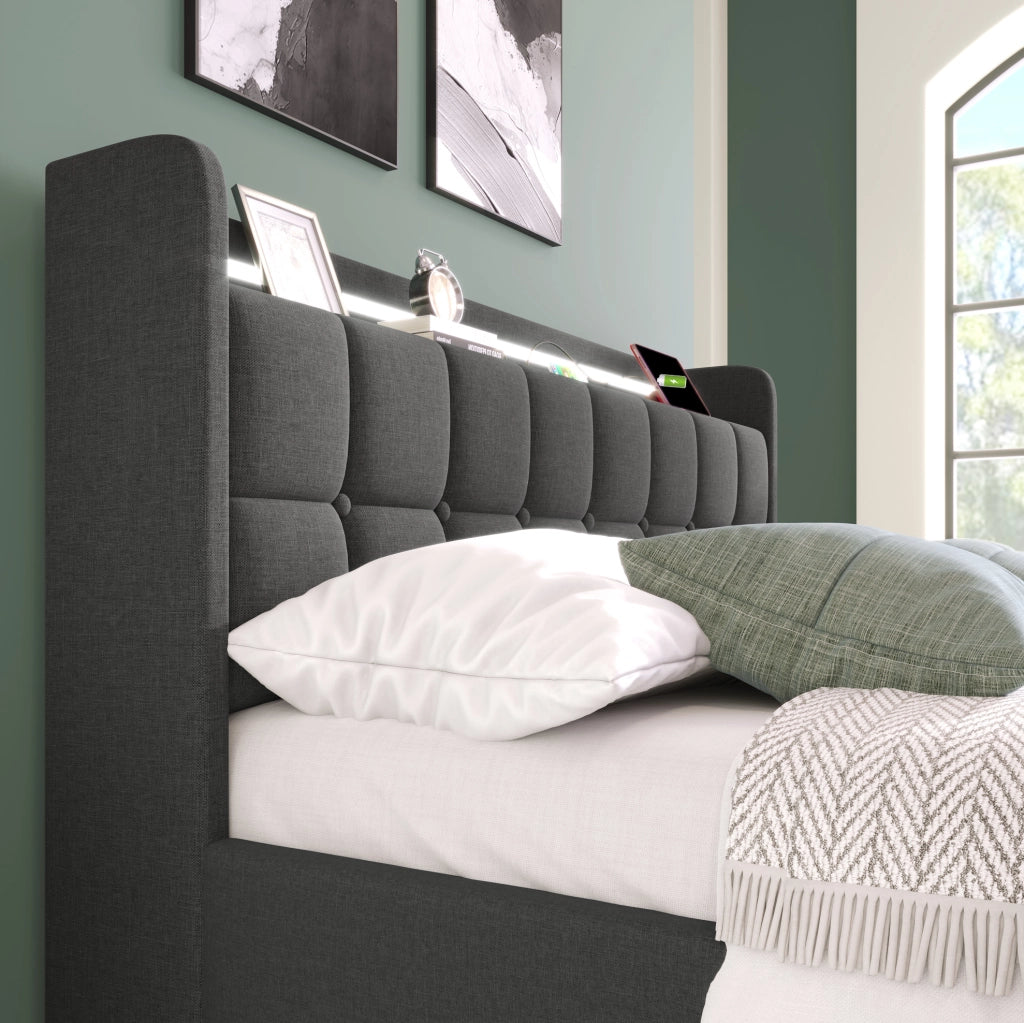 Letto matrimoniale contenitore 180x200 cm con USB; LED e 4 cassetti; grigio