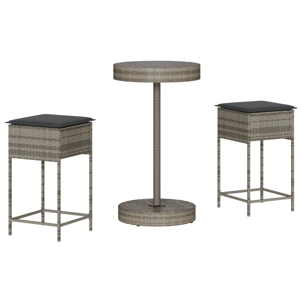 Set Bar da Giardino 3pz | Set Salotto da Giardino con Cuscini Grigio in Polyrattan