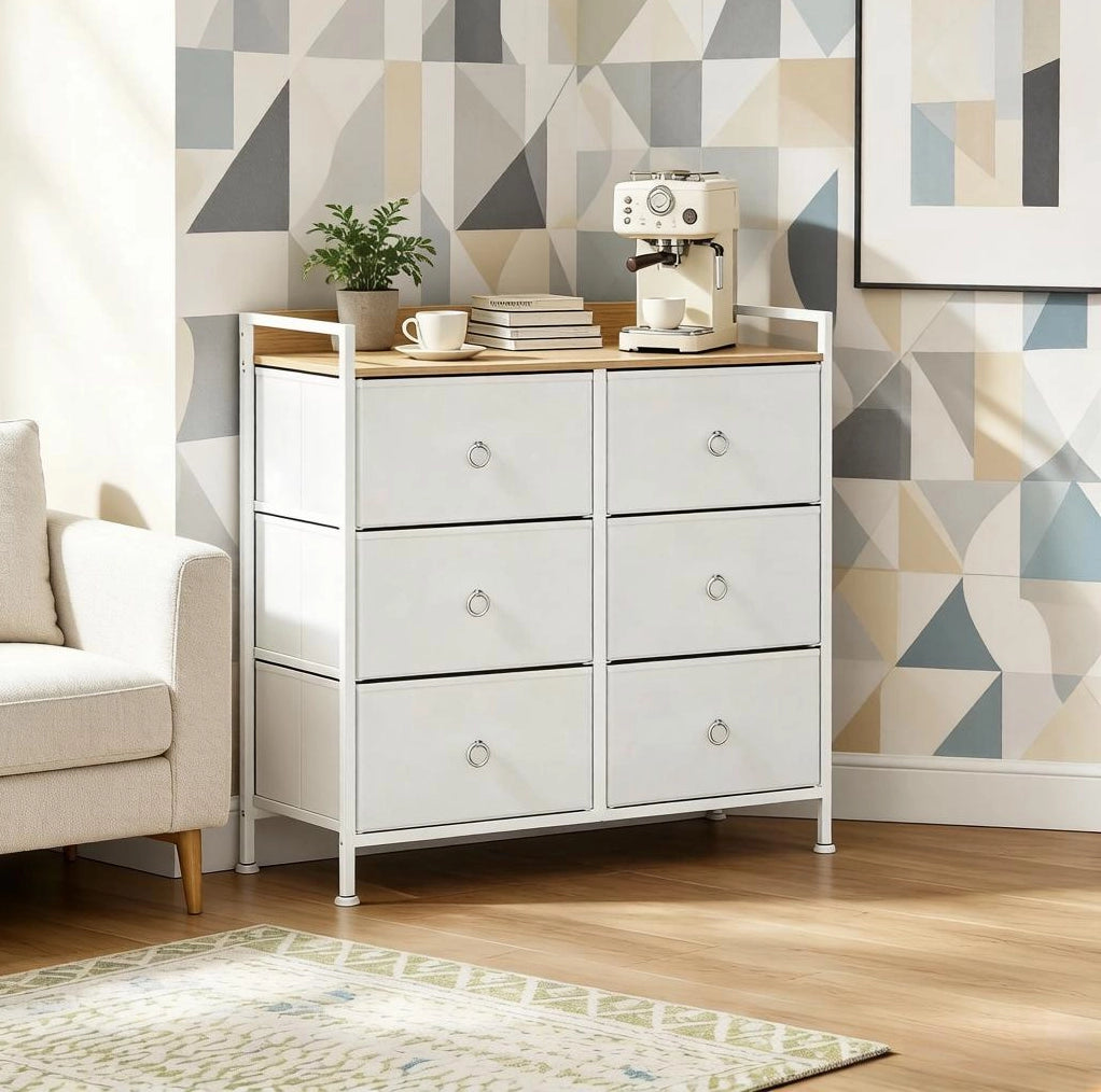 Mobiletto con 6 Cassetti in Legno E1 e Metallo, Bianco, 80x29x78 cm