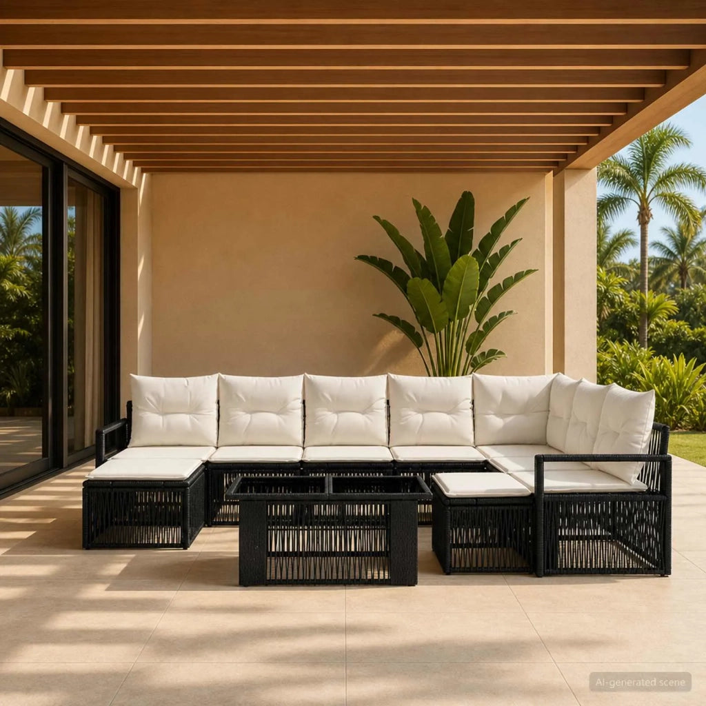 Set Divano da Giardino 10 pz Nero e Bianco Crema polyrattan 3437185