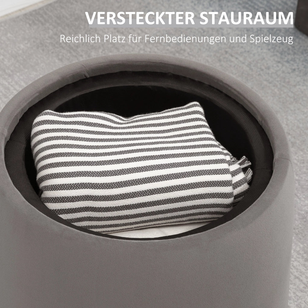 Pouf rotondo 2 in 1 con contenitore e coperchio reversibile in effetto velluto, grigio scuro
