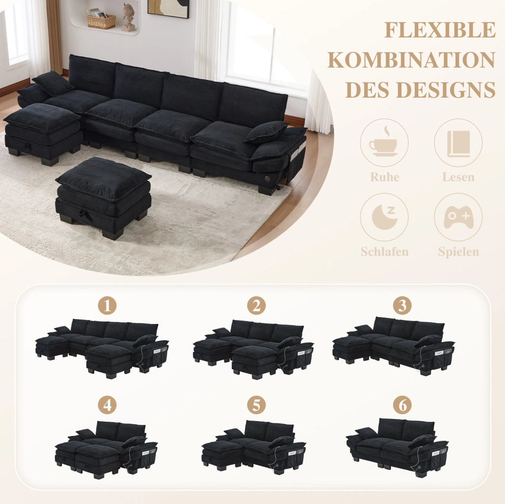 Divano modulare 4 posti con 2 pouf; USB-C; in corduroy nero; 330x132x84 cm