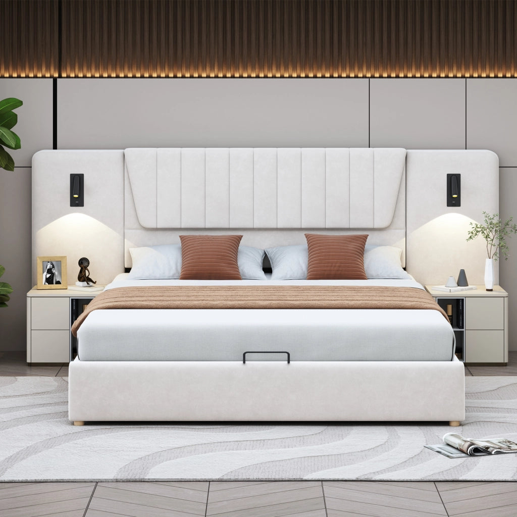 OKWISH Letto Contenitore 180×200 cm, Letto Matrimoniale con USB, Luci da Lettura e Testiera Extra Larga, senza Materasso, Beige