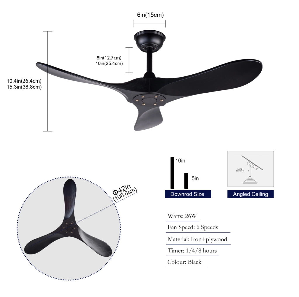 Ventilatore da soffitto 42 pollici nero senza luce; 3 pale in legno massello; con telecomando
