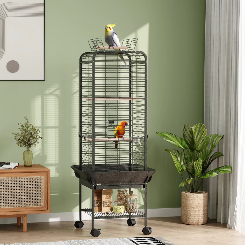 Gabbia per Uccelli con Ruote, Mangiatoie e Ripiano ¨C Zephmum ¨C Grigio Scuro 62.5x62.5x146 cm