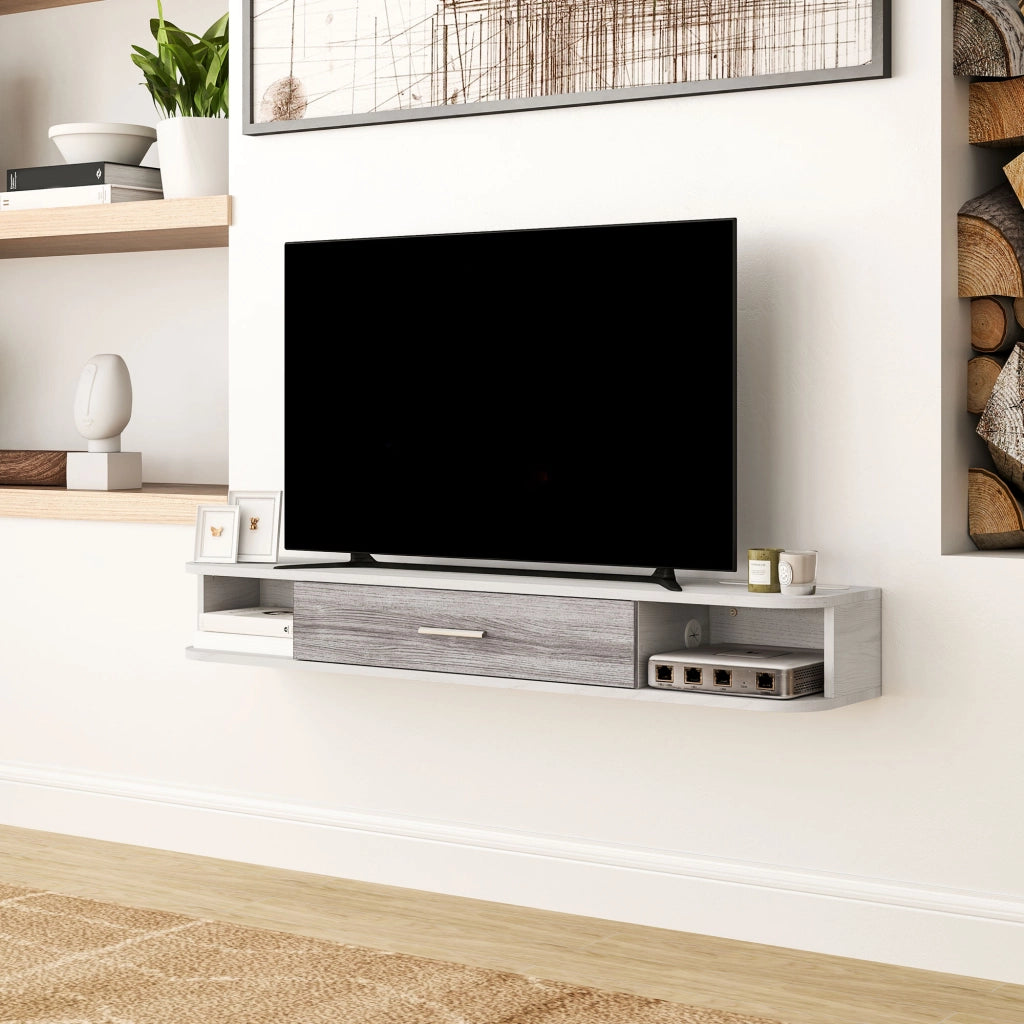 Mobile TV Sospeso con 2 Ripiani Aperti e Armadietto ad Anta Ribaltabile-Mobile Porta TV in Legno,120x26x16 cm,Bianco e Grigio