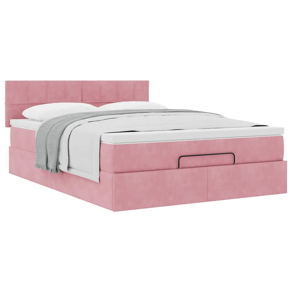 Struttura Letto Pouf con Materasso Rosa 140x200 cm in Velluto 3311782