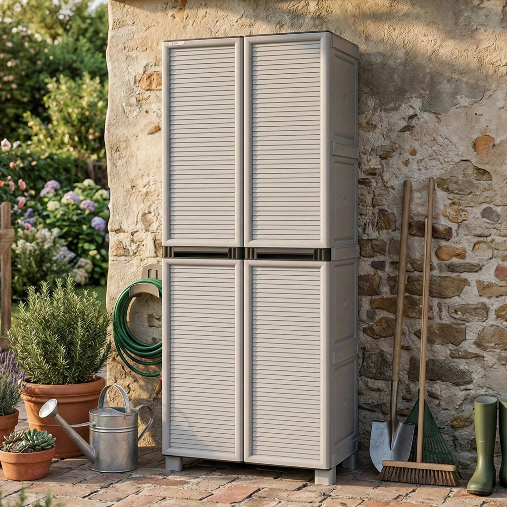 Armadio multiuso da esterno o Allain, Mobile a 1 anta e 3 ripiani in polipropilene, 100% Made in Italy, cm 70x39h172, colore Grigio chiaro