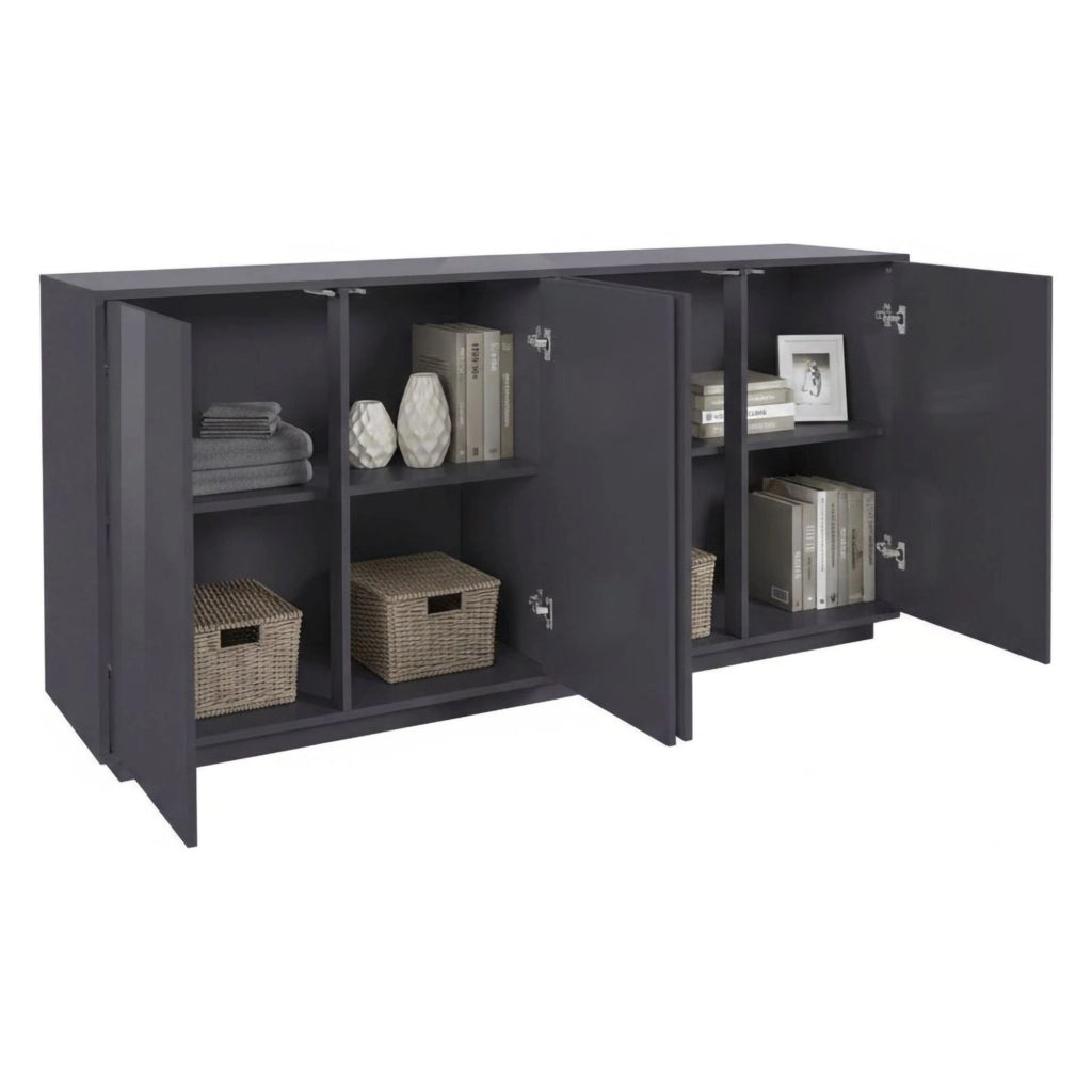 Credenza Aulina, Madia da cucina a 4 ante, Buffet da soggiorno, 100% Made in Italy, cm 180x41h86, Antracite lucido