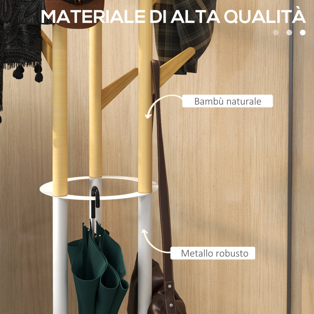 Appendiabiti da terra con portaombrelli e 12 ganci ¨C zephmum ¨C metallo bianco e bamb¨´ 90x30x180 cm