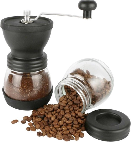 Set di macinazione del caffè mini a mano a 4 velocità con brame ceramici a forma di cono, regolazione manuale della finitura, inclusi due contenitori in vetro, spazzola di pulizia e cucchiaio di misura
