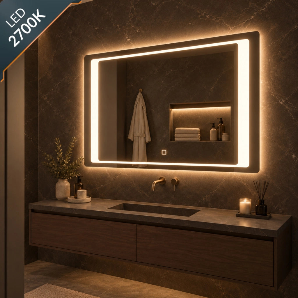 Specchio rettangolare led con cornice in alluminio cornice interna sabbiata *** misure 100x80 cm, tonalità dimmerabi...