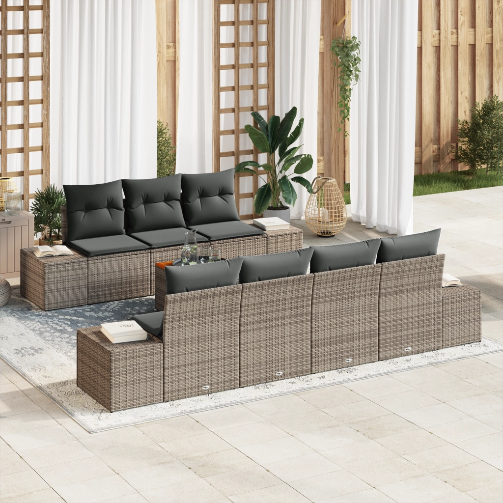 Set Divano da Giardino 8 Pezzi con Cuscini Grigio Polyrattan Acacia