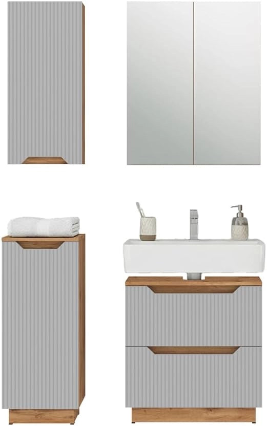 Set di mobili da bagno Lotta, Grigio, 59.8 cm, composto da mobile sottolavabo, specchiera, armadio medio e pensile