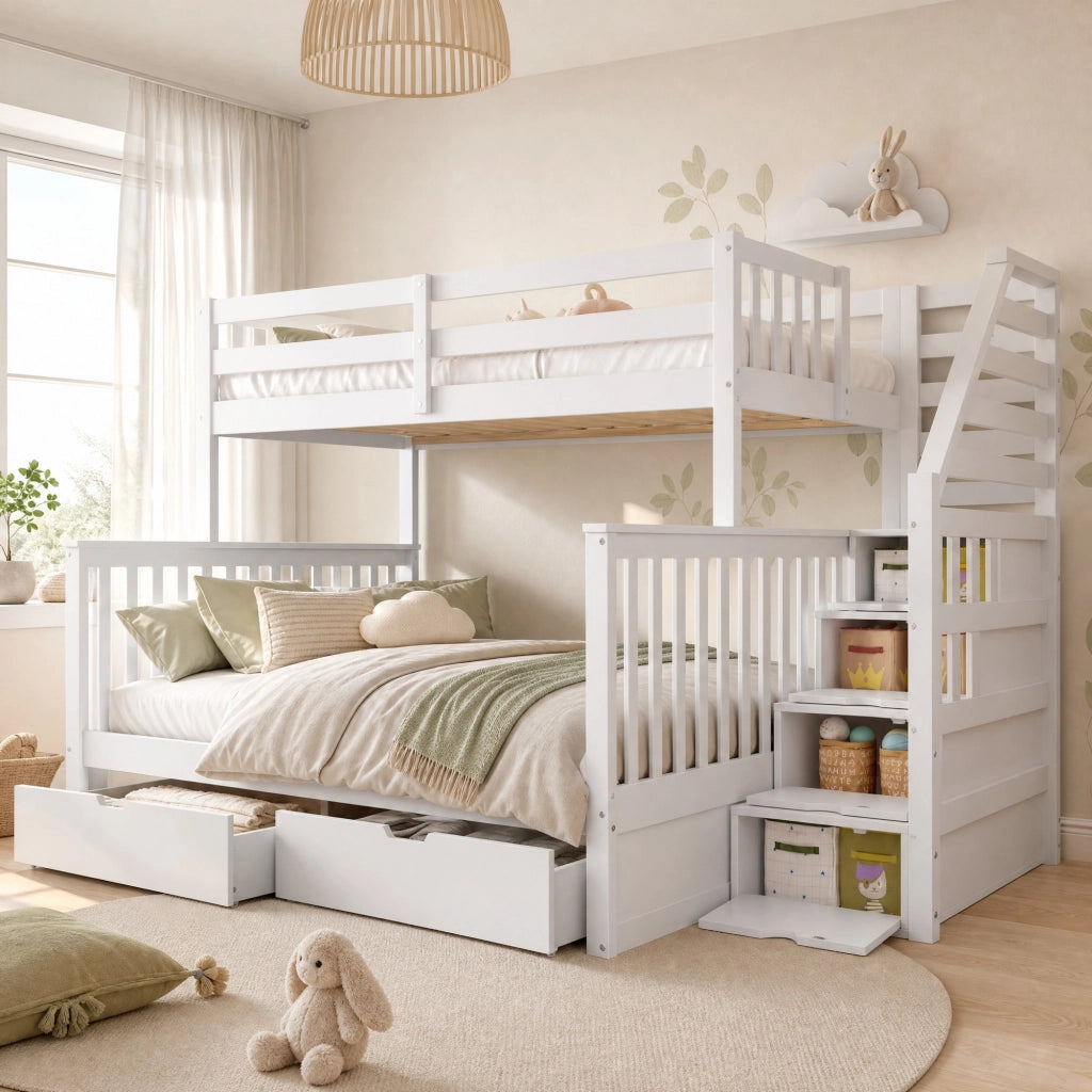 Letto a castello 90x200/140x200 cm bianco con cassetti
