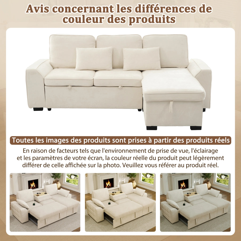 Divano angolare 3 posti convertibile con letto estraibile, contenitore, USB e chenille beige 237 × 141 × 86 cm