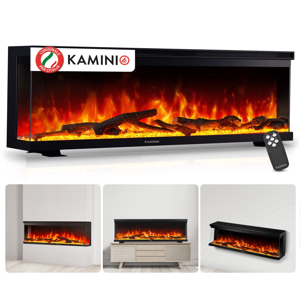 KAMINIO Camino elettrico LEA - Camino 3 in 1 con vista panoramica, riscaldamento, effetto fiamma, 12 colori delle fiamme, telecomando - 60 pollici