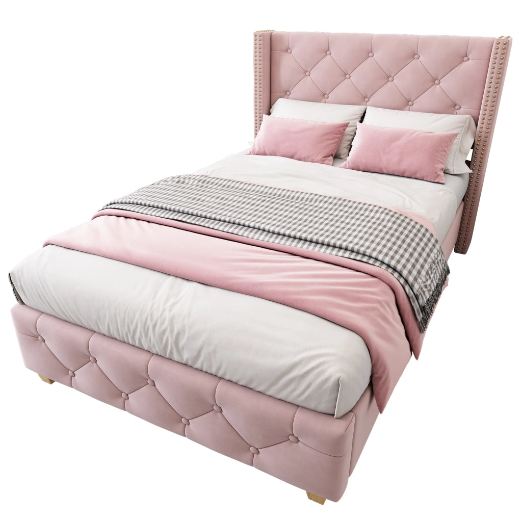 Letto Singolo 90×200 cm; 1 Posto con Testiera Imbottita e Borchie Decorative; senza Materasso; Velluto Rosa