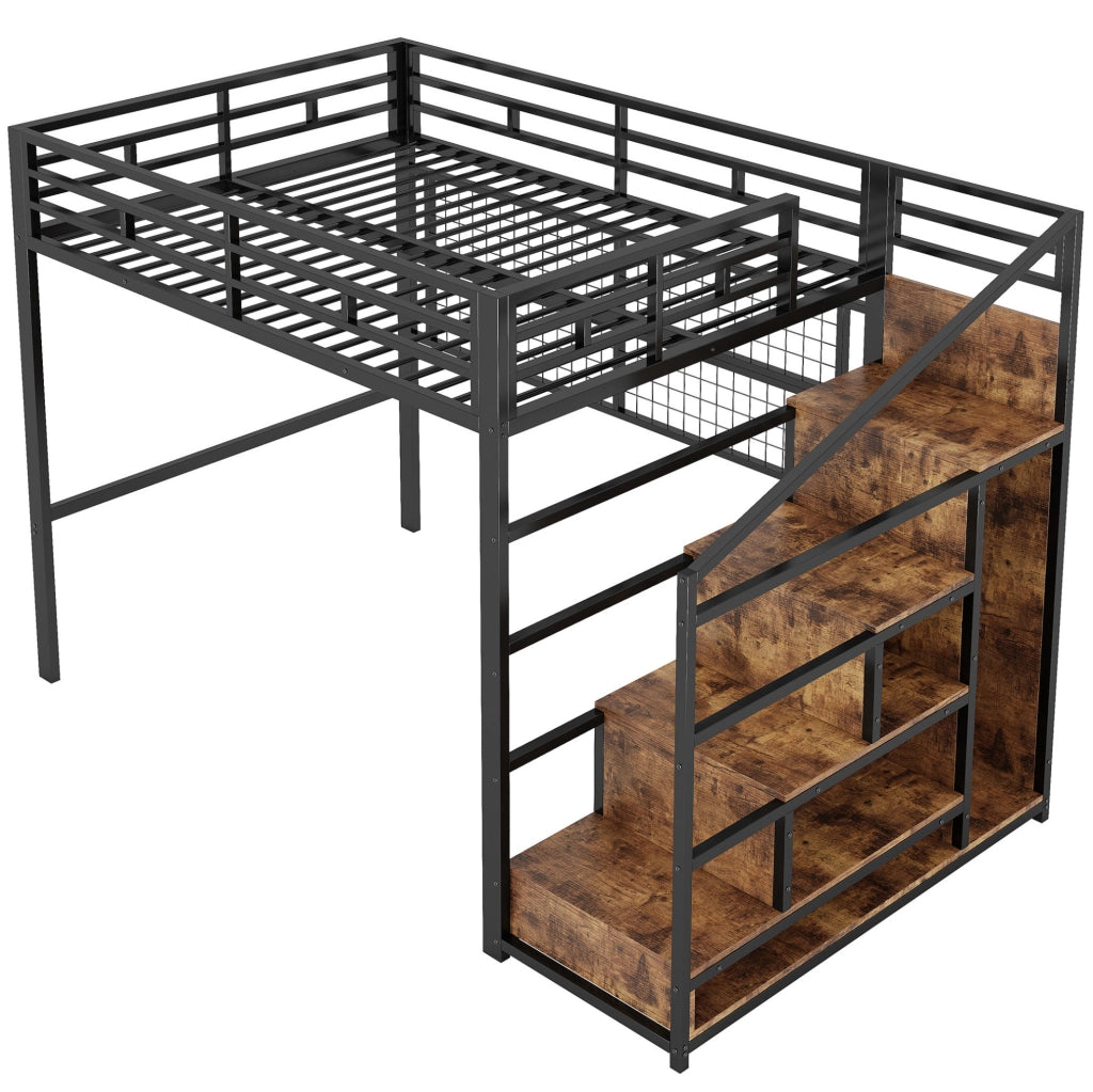 Letto a soppalco 140x200 cm; struttura robusta; scala guardaroba; metallo; nero; (Senza materasso)