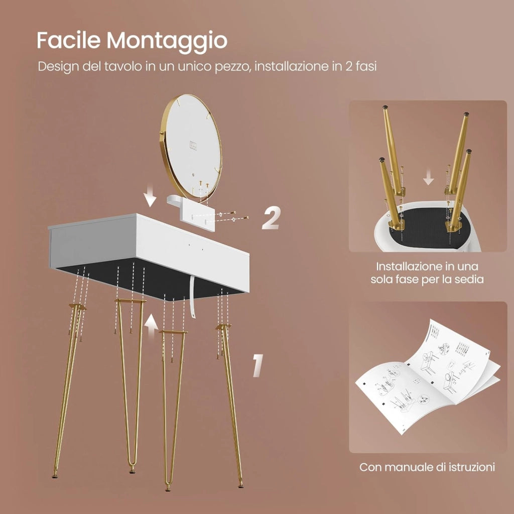 EUGAD Toeletta da Trucco con Luci LED, Luminosità Regolabile, Postazione da Trucco con Sedia in Velluto, con 2 Cassetti, Assemblaggio facile, Bianco e Dorato