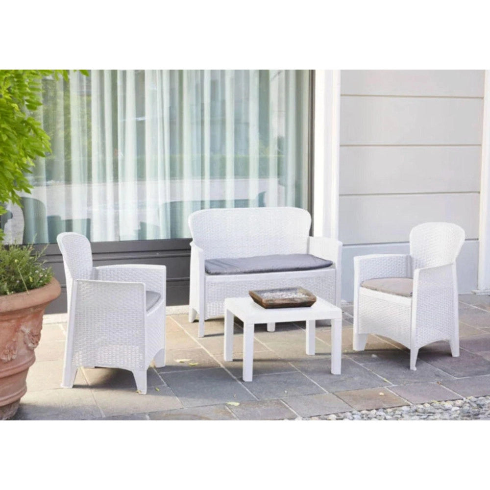 Trade Shop - Set Salotto Giardino Con Divano 2 Poltrone Tavolino Cuscini Effetto Rattan Bianco 156036 -