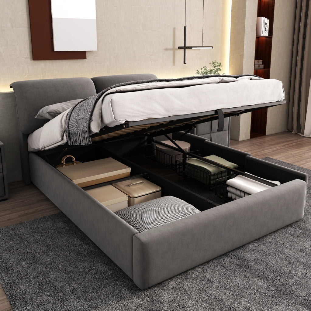 Letto imbottito 140x190 cm in velluto grigio con contenitore idraulico e 3 cassetti