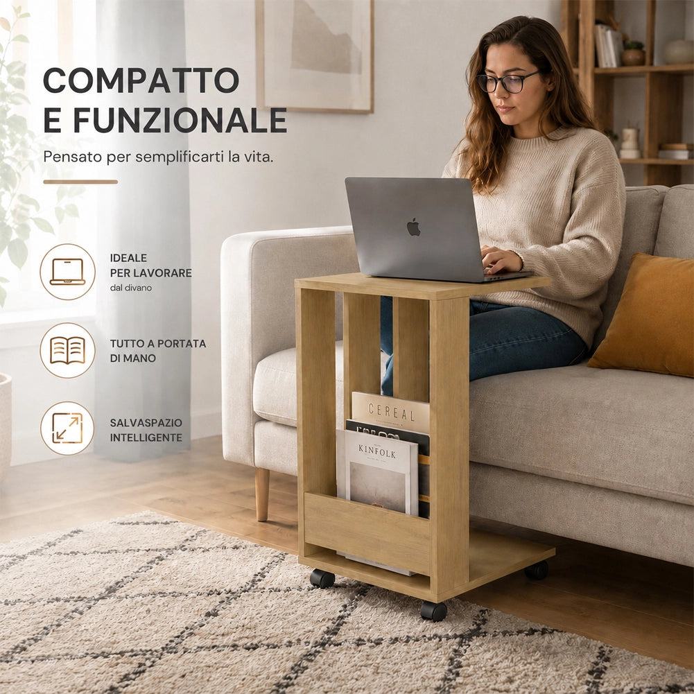 Tavolino Ausiliario con Ruote Design Moderno Mobile Letto Divano Colore Quercia